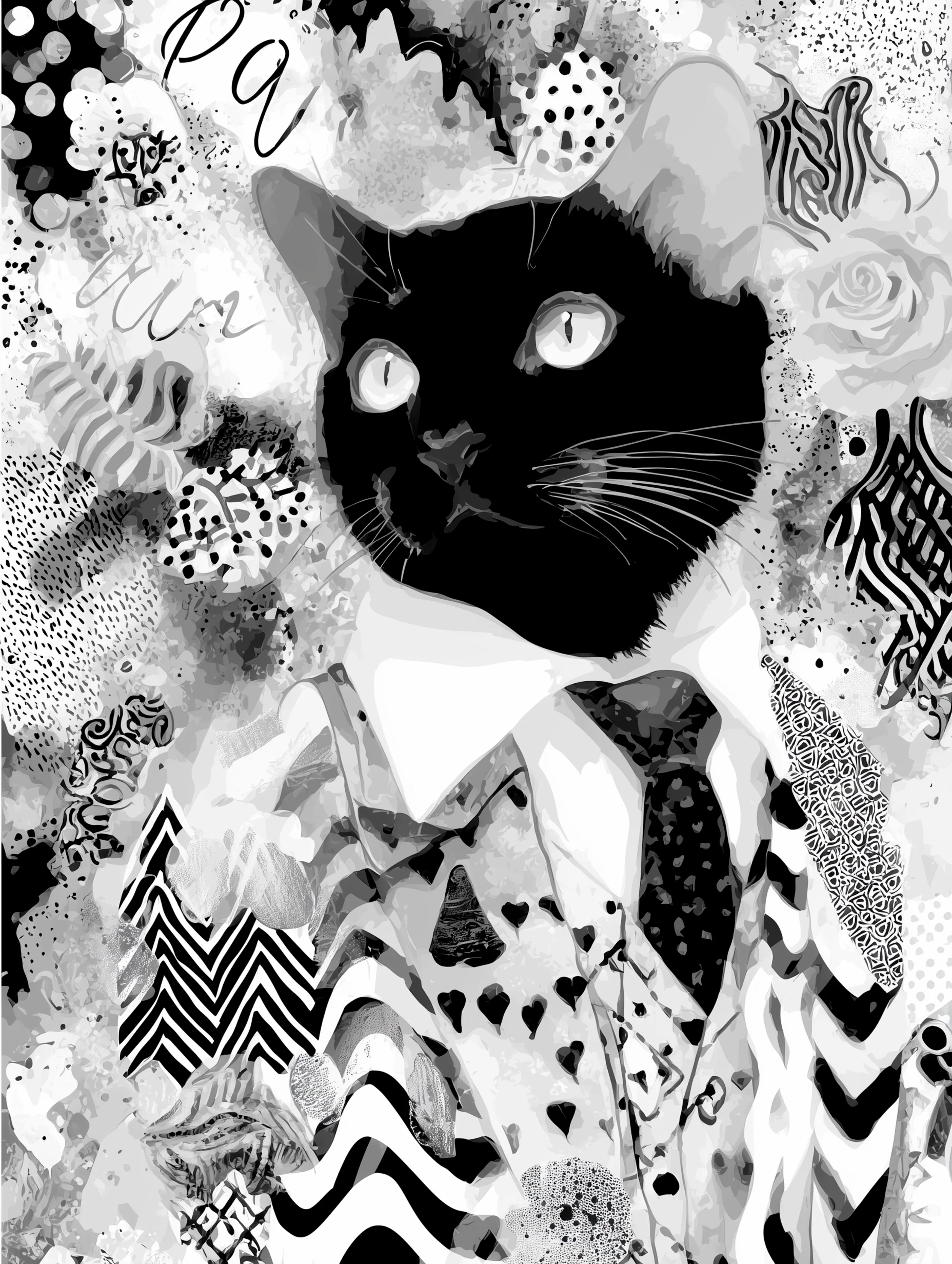 Free printable black cat coloring page for adults featuring black cat with white suit